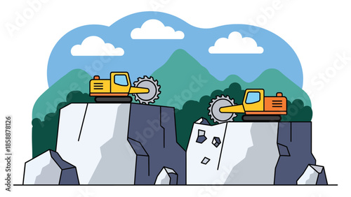 Modern vector illustration of quarry mining with stone blocks and cutting machines, ideal for construction materials, mining industry, and industrial visuals