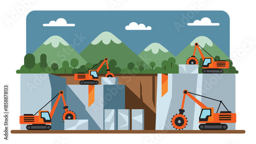 Modern vector illustration of quarry mining with stone blocks and cutting machines, ideal for construction materials, mining industry, and industrial visuals