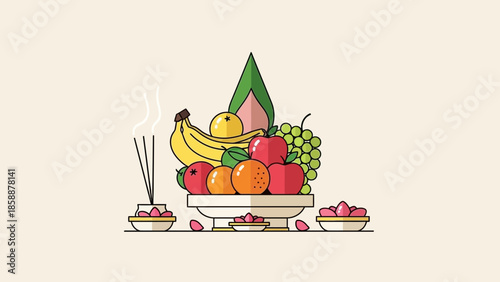 Fruit offering with incense sticks and decorative elements.