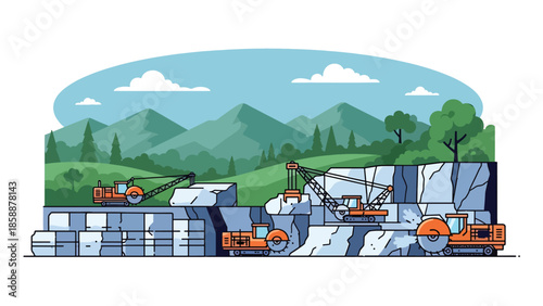 Modern vector illustration of quarry mining with stone blocks and cutting machines, ideal for construction materials, mining industry, and industrial visuals