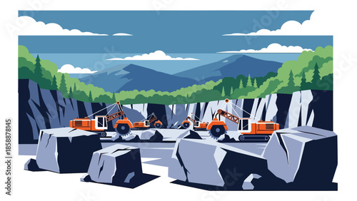 Modern vector illustration of quarry mining with stone blocks and cutting machines, ideal for construction materials, mining industry, and industrial visuals