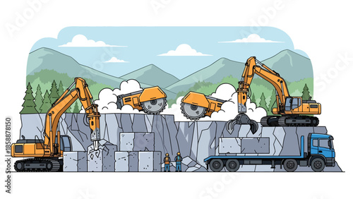 Modern vector illustration of quarry mining with stone blocks and cutting machines, ideal for construction materials, mining industry, and industrial visuals
