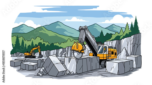 Modern vector illustration of quarry mining with stone blocks and cutting machines, ideal for construction materials, mining industry, and industrial visuals