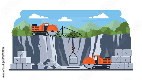 Modern vector illustration of quarry mining with stone blocks and cutting machines, ideal for construction materials, mining industry, and industrial visuals