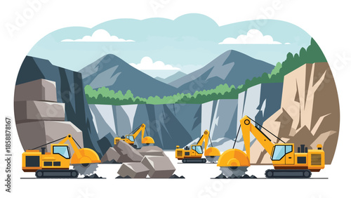 Modern vector illustration of quarry mining with stone blocks and cutting machines, ideal for construction materials, mining industry, and industrial visuals
