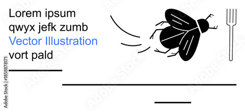 Hygiene, pest control, food safety, insects, sanitation, vector graphics. Black fly in motion near a fork. Hygiene and pest control addressing sanitation and food safety concerns