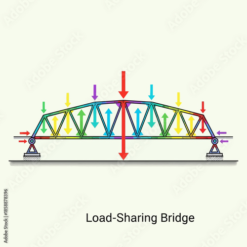 Truss bridge with colored arrows showing forces and loads.