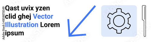 Gear with thin outline, bold blue arrow pointing. Placeholder text in black and blue. Vertical line. Ideal for workflow, process design, system demonstration, user interface, software guides