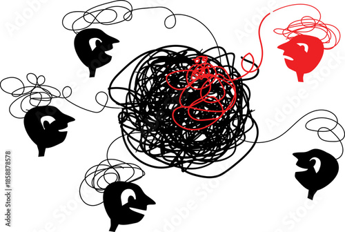 Scribble emotional conflict concept with tangled lines. Chaotic scribble network highlights emotional tension, stress and disturbed connection between people, showing intense inner conflict and mental