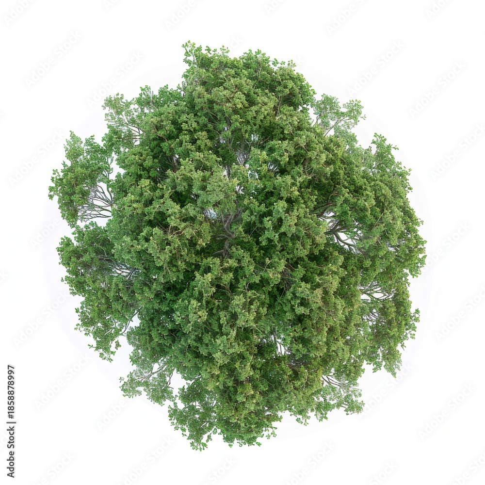 Fototapeta premium An aerial view of a single lush green deciduous tree isolated on a white background, with a architectural site plan render and high-resolution botanical 2D flat asset.