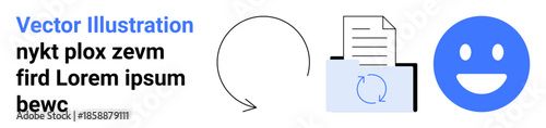 File sharing, data synchronization, teamwork, document management, feedback loop, online communication. Arrow circling document and blue happy face. File sharing and data synchronization concept