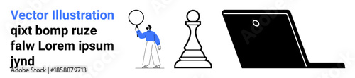 Person holding balloon, chess pawn, and laptop symbolize balance of creativity, strategic thinking, and modern technology. Ideal for innovation, planning, teamwork, education leadership