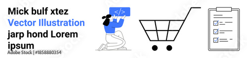 E-commerce, software development, task management, coding, digital business, online shopping. Developer holding code symbol, shopping cart and checklist. E-commerce and software development concept