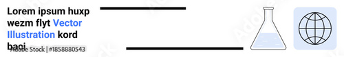 Education, science, global collaboration, research, technology, connectivity. A flask with liquid next to a globe icon. Science and global connectivity concepts