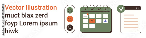 Time management, planning, feedback system, task organization, productivity tracking, decision-making. Calendar with marked dates and mood icons. Time management and planning concept