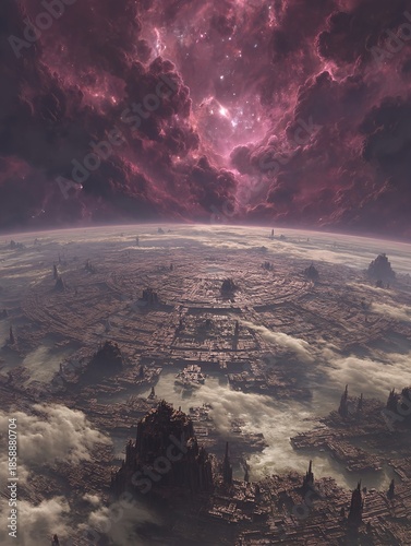 A sci-fi planet dedicated entirely to structured knowledge, viewed through drifting nebula clouds