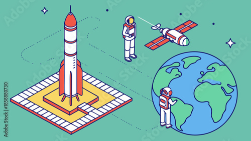Vector illustration of a space rocket launching over a green football field stadium where a teamwork concept connects business competition with a championship sport goal