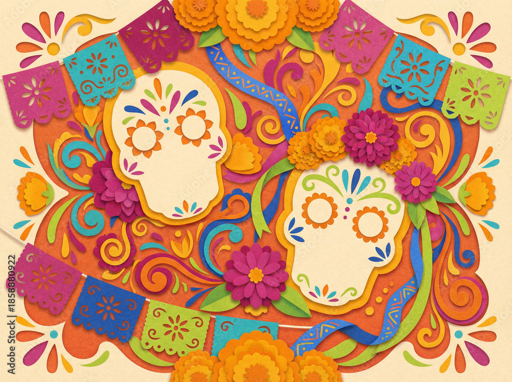 Fototapeta premium Calaverita Literaria Paper Art. Colorful decorative paper-art illustration inspired by Calaverita literaria themes, vibrant Mexican floral patterns, sugar-skull-style motifs without faces.
