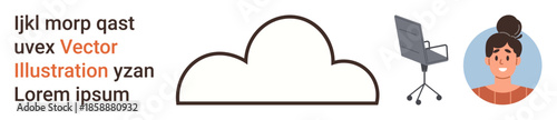 Cloud computing, remote work setup, collaboration tools, digital workspace, virtual platforms, flexible workspaces. Minimal cloud outline, chair and woman portrait. Cloud computing and remote work