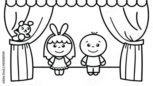 Children on puppet theater stage with toy