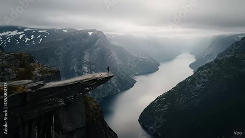 Person standing on edge of cliff overlooking serene fjord landscape
