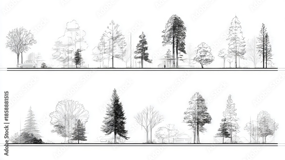 Fototapeta premium Architectural tree elevation drawing with diverse species in rows, black and white sketch for landscape design, planning, and urban visualization