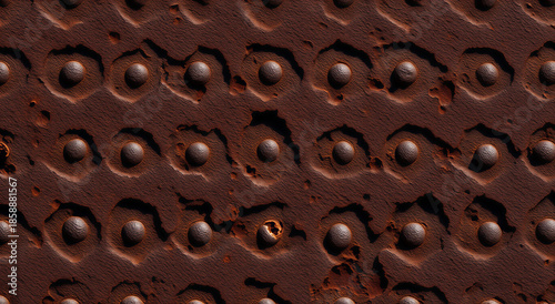 Rusty metal surface with rivets and weathered industrial steel texture, vintage construction concept background