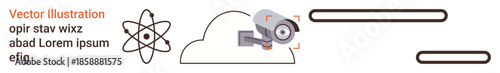 Data security, cloud storage, technology integration, digital privacy, surveillance, online protection. ion of a cloud with a camera and tech elements. Data security and cloud storage theme