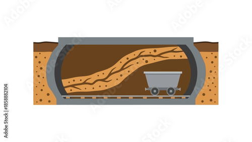 Underground Mining Operation Cross-Section with Mine Cart and Mineral Vein Depiction