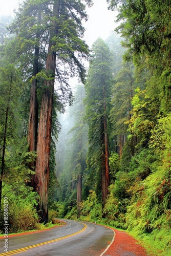 Scenic Road Through Redwood Forest with Sunlight and Green Trees in California United States