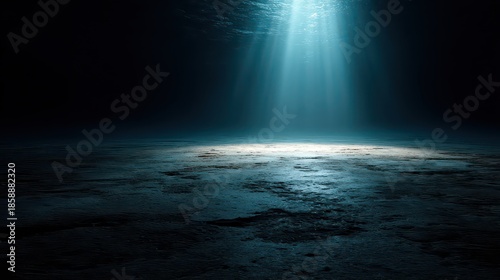 Sunlit Seafloor Underwater with Turquoise Beams in Dark Blue Water Reflecting on Ocean Floor with Detailed Texture creating an Eerie, Tranquil Atmosphere