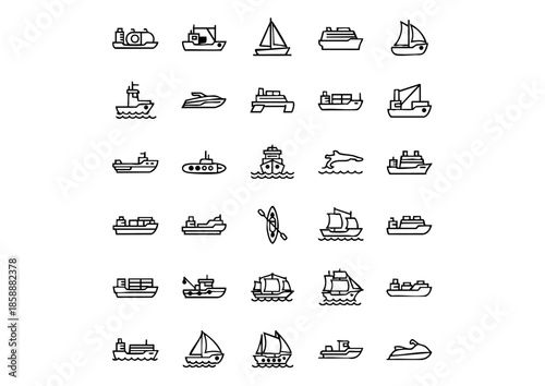 Maritime and Nautical Vessel Vector Icon Set, Marine Transportation and Ship Type Outline Collection, Comprehensive Naval and Watercraft Graphics