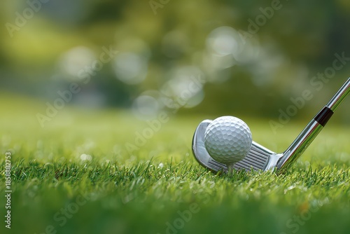 Golf Ball Resting on Green Grass Next to a Golf Club Ready for a Swing in Lush Green and Blurred Background with Bokeh