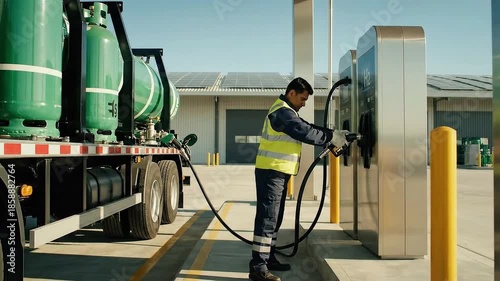 Hydrogen fueling station worker refueling green hydrogen cylinders