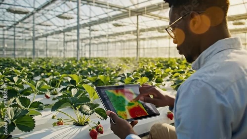 Man analyzing strawberry plants on tablet in modern greenhouse