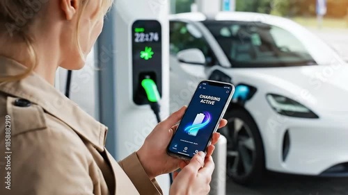 Woman using smartphone to charge electric car at charging station