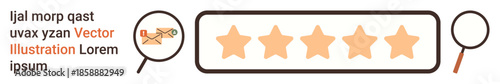 Customer feedback, online evaluation, quality assurance, satisfaction rating, user experience, performance review. Five-star rating bar, magnifying glass and envelope icon. Customer feedback