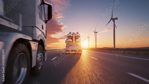 Hydrogen fuel truck driving on highway at sunset with wind turbine