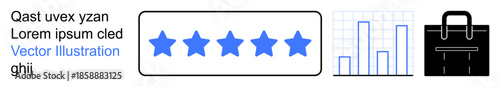 Customer feedback, business analytics, professional services, corporate ratings, data visualization, performance metrics. Five-star rating, bar chart black briefcase icon. Customer feedback