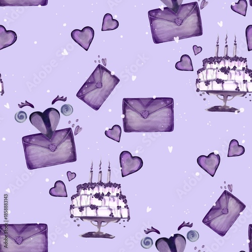 Whimsical seamless pattern featuring purple birthday cakes with candles, decorated envelopes, floating hearts, and swirls on a lavender background, capturing a festive and joyful celebration mood