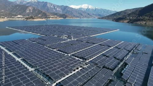 Floating solar panels on serene lake with majestic mountains
