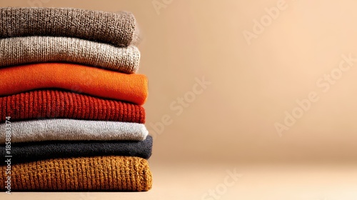 Stack of Knitted Colorful Woolen Clothes in Warm Lighting on Beige Background with Soft Shadow Pattern and Detailed Texture