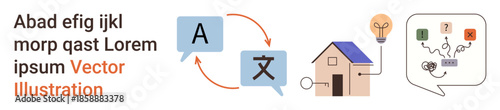 Language services, technology integration, smart energy, brainstorming, automation, efficiency management. Speech bubble links language translation, house smart technology. Language services