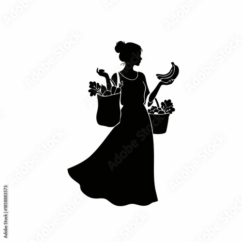 vector silhouette of woman carrying shopping bag of vegetables