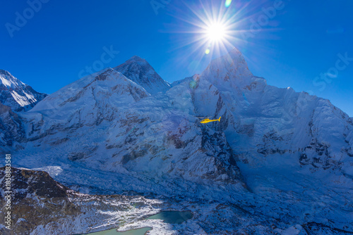 Everest summit, Chomolungma, Sagarmatha, Mount Everest in Himalaya mountains, Nepal. Everest Base Camp trek beautiful landscape view of snow high altitude summit glacier at sunset seen from EBC