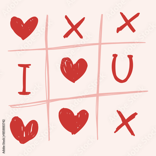 A cute tic tac toe illustration using hearts and love symbols in a Valentine theme. Ideal for playful romantic designs, cards, and wall art.
