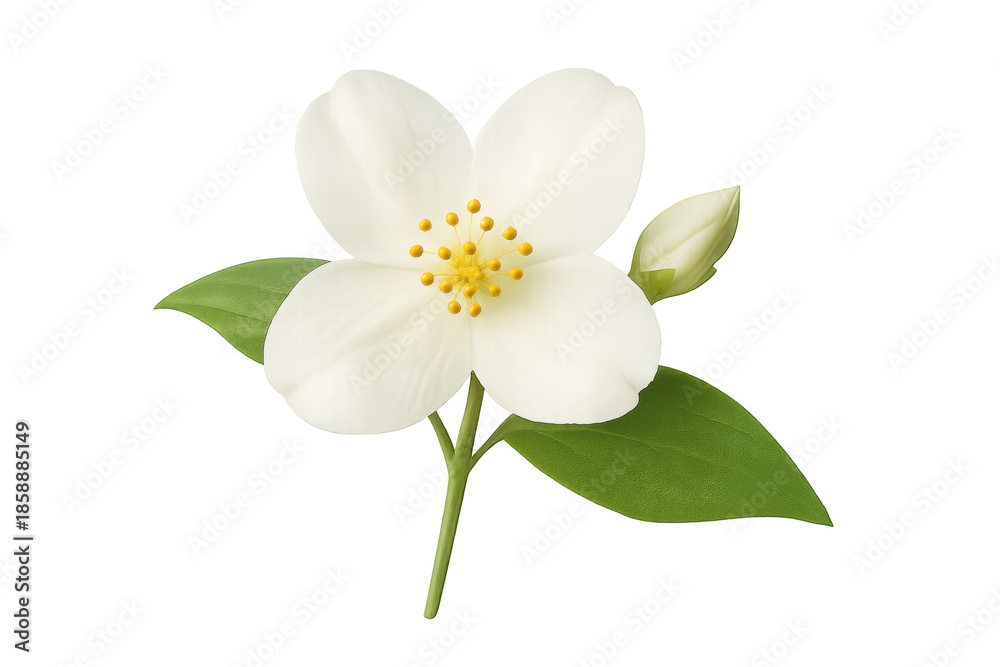 Obraz premium White jasmine flower and bud with green leaves