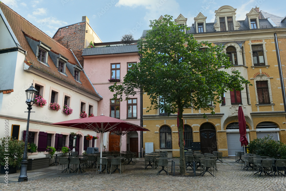Fototapeta premium View of city street with buildings and cafe