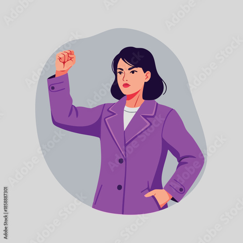 Woman in purple jacket showing strength and confidence empowering female character vector illustration 