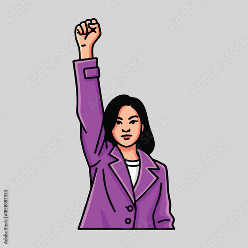 Woman raising fist in purple blazer symbolizing empowerment and strength vector illustration 